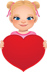 Valentine day with little girl with long hair and bun hairstyle holding red heart cartoon PNG