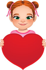 Valentine day with little girl with long hair and bun hairstyle holding red heart cartoon PNG