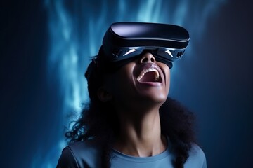Black woman wearing virtual reality headset and smiling