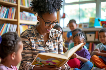 Beautiful professional female teacher of nursery school or kindergarten looking at camera while standing against group of little learners.