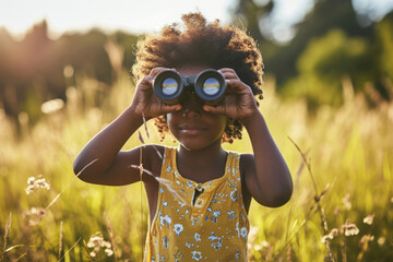 Fototapeta premium Cute little child looking through binoculars on sunny summer day. Young kid exploring nature. Family time outdoors, active leisure for children.