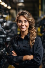 portrait of a smiling female mechanic in a factory