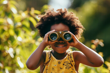 Cute little child looking through binoculars on sunny summer day. Young kid exploring nature. Family time outdoors, active leisure for children.
