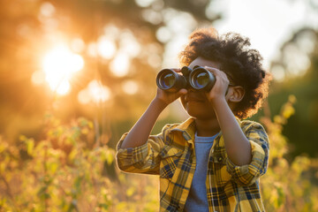 Cute little child looking through binoculars on sunny summer day. Young kid exploring nature. Family time outdoors, active leisure for children.