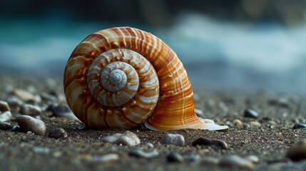  a close up of a snail's shell on a beach with rocks and gravel in the foreground and a body of water in the distance in the background.
