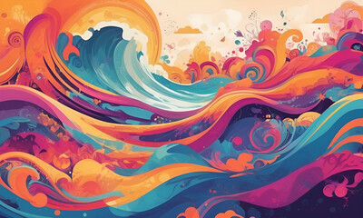 Groovy psychedelic abstract wavy decorative funky background. Hippie trendy design - obrazy, fototapety, plakaty