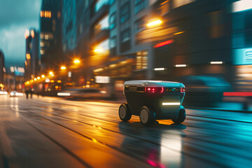 Fototapeta premium Modern automated food delivery robot riding on city street. Autonomous package delivery bot. Cost-efficient and energy-efficient last mile deliveries. Motion blur.