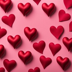 Red silk hearts on a pink concrete background