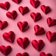 Fototapeta premium Red silk hearts on a pink concrete background