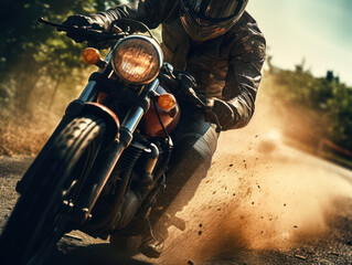 portrait of motorbike rider in leather jacket and helmet on dusty road