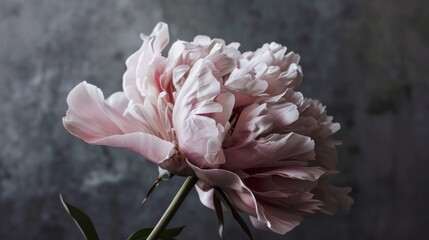  a close up of a pink flower on a dark background with a blurry background to the left of the flower and the center of the flower withered petals.