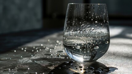  a close up of a glass of water on a table with drops of water on the surface of the glass and on top of the table is a table cloth.