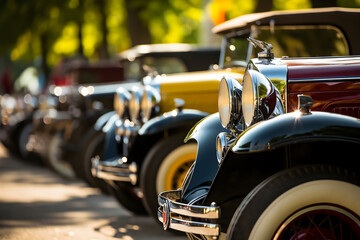 Vintage cars parked in a row on a sunny summer day.