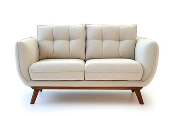 2 seat fabric beige color sofa with wood legs on white background. top view. isolate background.