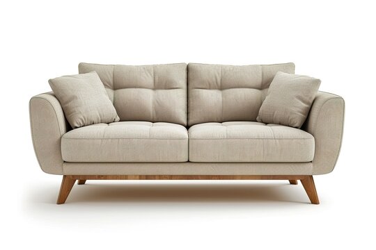 2 seat fabric beige color sofa with wood legs on white background. top view. isolate background.