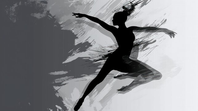  a black and white photo of a ballerina on a gray and white background with a splash of paint on the bottom half of the image and bottom half of the ballerina's body.