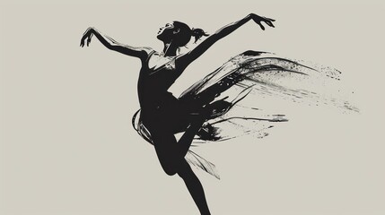  a black and white photo of a woman in a ballerina dress with her arms in the air and her leg in the air, with her right hand in the air. - obrazy, fototapety, plakaty