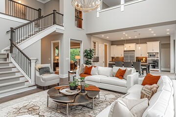 Beautiful living room interior in new luxury home with open concept floor plan. Shows entry, stairs, kitchen, and dining room.
