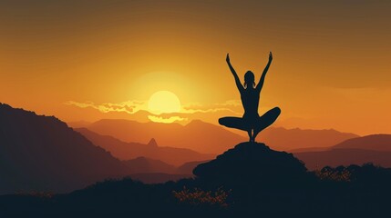  a silhouette of a person doing a yoga pose in front of an orange and yellow sky with the sun setting behind a mountain range with a person doing a handstand.