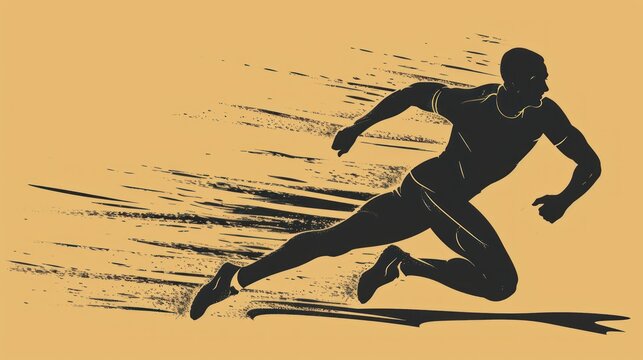  a silhouette of a man running on a yellow and black background with a splash of paint on the side of the image and a yellow background with a black outline of a running man.