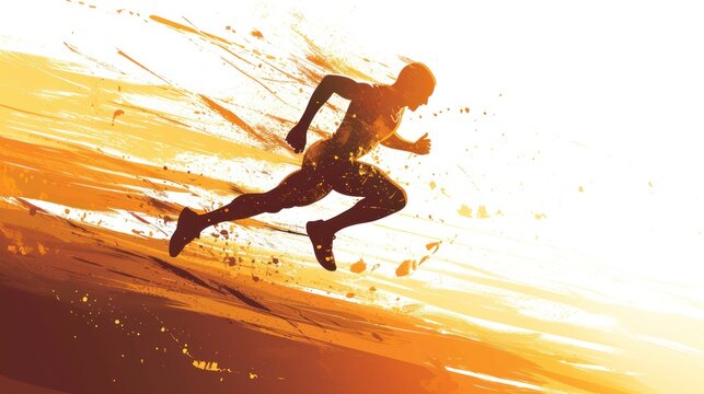  a silhouette of a man running on a beach with the sun shining down on the water and splashing on the sand and behind him is an orange and yellow background.
