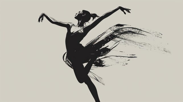 Fototapeta  a black and white photo of a woman in a ballerina dress with her arms in the air and her leg in the air, with her right hand in the air.