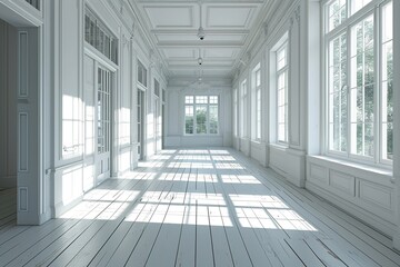 Blank white interior room background ,empty white walls corner and white wood floor contemporary