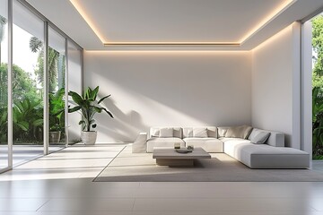 Bright living room interior with white empty wall.