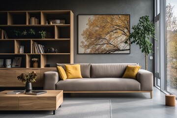 A living room with a large gray sofa and a picture of a tree with yellow leaves