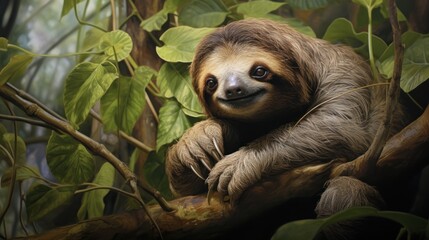 Fototapeta premium a painting of a sloth sitting on a tree branch with leaves around it's neck and a smile on the face of the sloth's face.