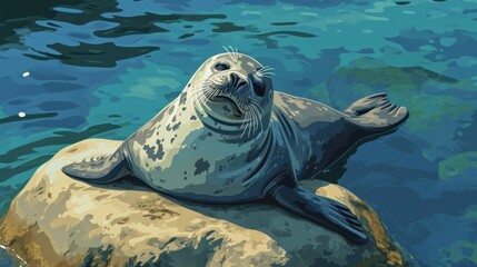  a painting of a seal sitting on top of a rock in a body of water next to a rock with a seagull on it's side and a body of water in the background.