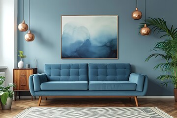 Canvas in beige living room with sideboard and accent blue sofa.