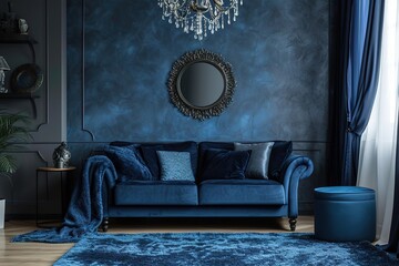 Chic modern luxury aesthetics style living room in blue tone.