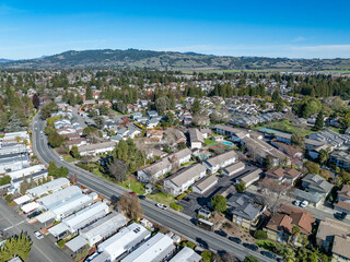 Aerial images over a community in Rohnert Park, California on a beautiful winter day with a blue sky