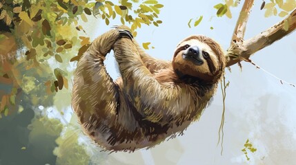 Obraz premium a painting of a sloth hanging from a tree branch with its head hanging off of a branch, with leaves on the ground, and a blue sky in the background.
