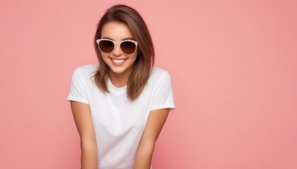 mockup: full young woman wearing sunglasses smiling with blank white t-shirt on a pastel red background, studio shot  created with generative ai - obrazy, fototapety, plakaty
