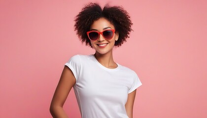 mockup: full young woman wearing sunglasses smiling with blank white t-shirt on a pastel red background, studio shot  created with generative ai