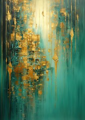 An abstract background painting with golden leaves, in the style of emerald green and gold, dripping paint, Khmer art, pattern movement. Textured canvas, wall art decoration. - obrazy, fototapety, plakaty