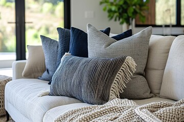 Close up of a fabric sofa with styled cushions and throw.