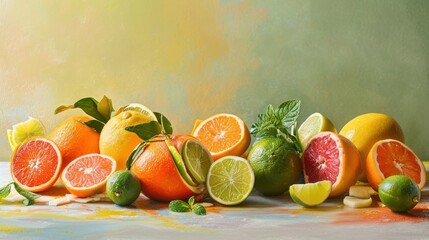  a group of citrus fruits sitting on top of a painting of oranges, lemons, limes, limes, and limes on a table cloth.