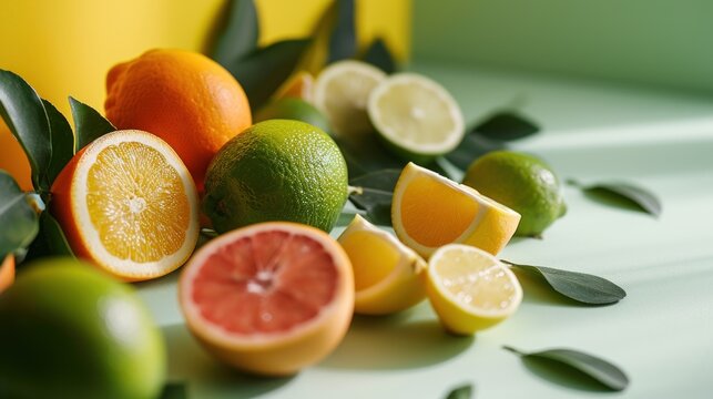  oranges, limes, and grapefruits are arranged on a white surface with green leaves and a yellow vase in the backround of the picture.