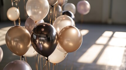  a bunch of balloons that are on a stick in front of a window with the sun coming through the window and the shadows of the balloons on the ground behind them. - obrazy, fototapety, plakaty