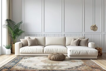 cream sofa in modern living room with rug.