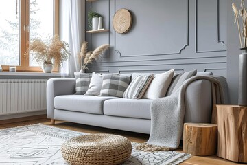 Creative composition of stylish modern spacious living room with grey sofa, wooden cubes, pillows, plaid, carpet, white vases and small personal accesories.