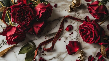  a bunch of red roses sitting on top of a white marble counter top next to a pair of scissors and a pair of gold - plated scissors on a marble surface.
