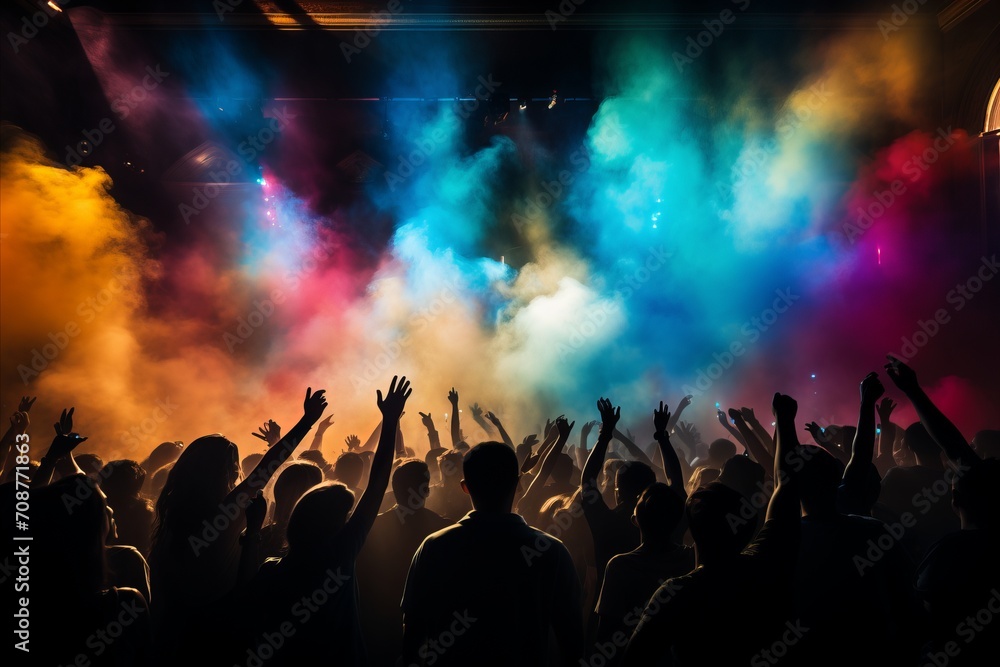 Poster dynamic and energetic concert stage with vibrant bokeh lights and blurred crowd in the background