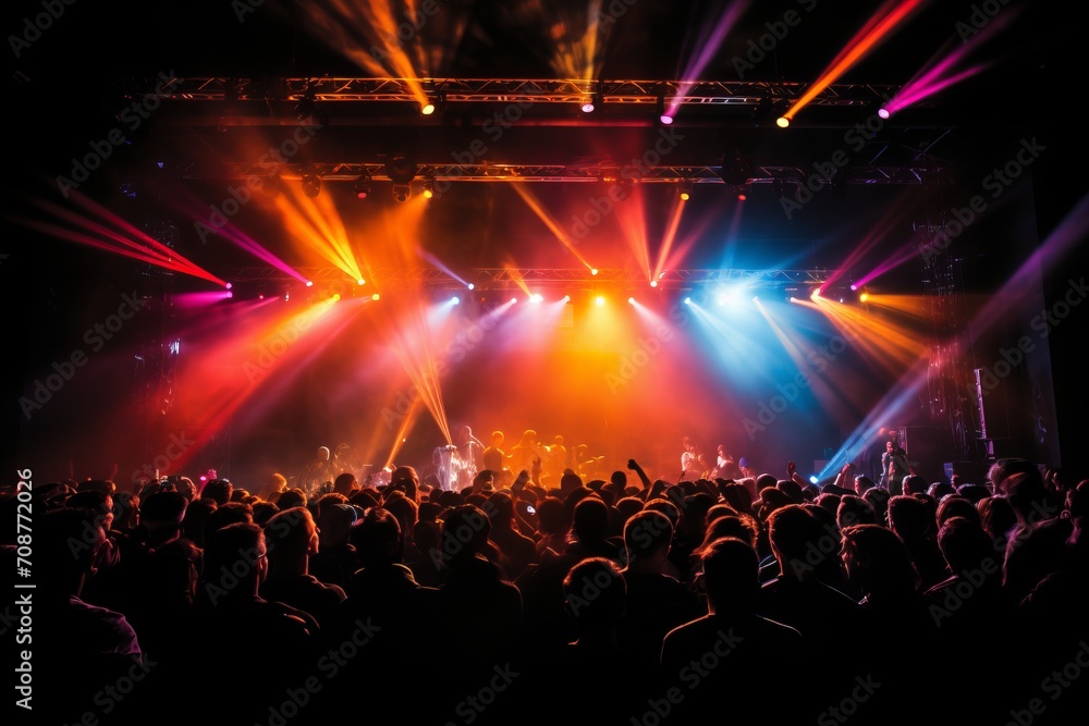 Poster vibrant concert stage with colorful lights and blurred crowd creating a beautiful bokeh effect