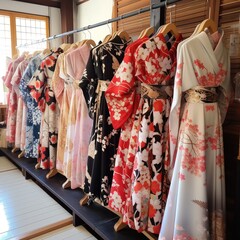 
Kimonos are spread out and displayed in a women's fashion store. Japanese yukata, Japanese clothing.