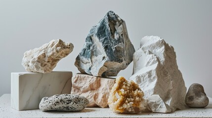  a group of rocks sitting on top of a white table next to each other on top of a white tablecloth covered in a pile of rocks and a variety of different types of rocks.