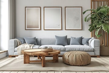 Gallery wall mockup in cozy living room interior, frame mockup, 3d render